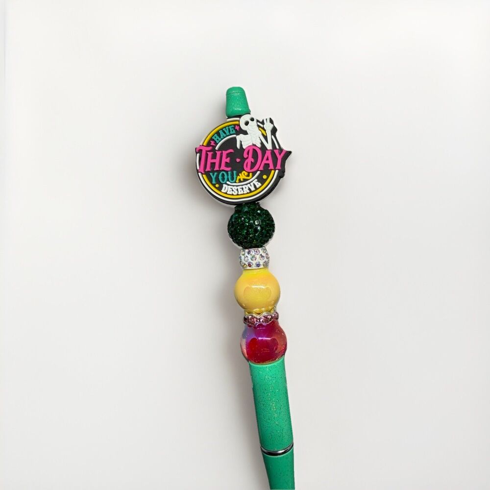 Glitter Ballpoint Pen Black Ink Beaded Topper Ghost Charm "Have the Day"
